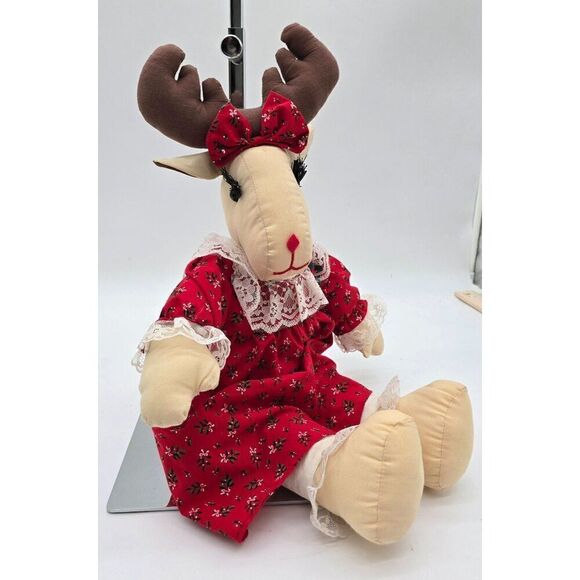 Handmade Reindeer Doll In Red Dress With Lace & Bow - Picture 1 of 9